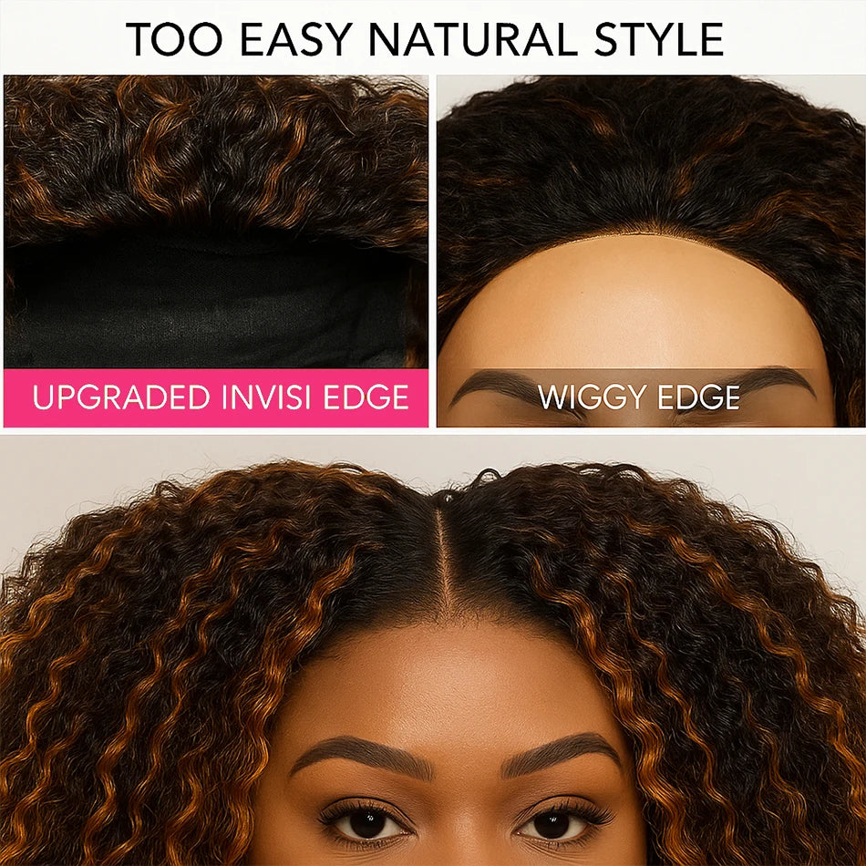 1B/30 Highlight Deep Wave Half Wig Human Hair 3 IN 1 Half Wig Invisible Drawstring Glueless Wig Ombre Blonde Colored Curly Wig