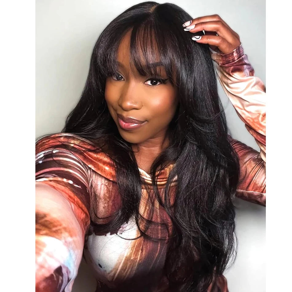 Easy Go Body Wave 100% Human Hair Wigs With Bangs 250Density Glueless Machine Made