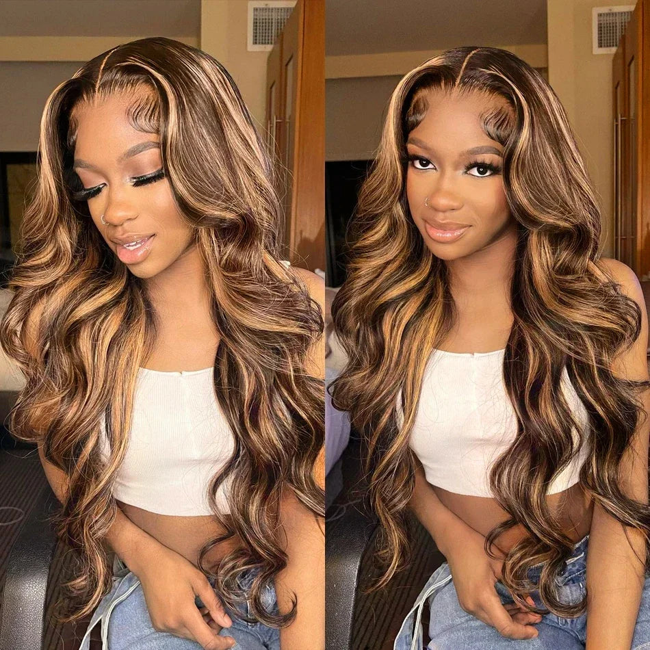 P4/27 Highlight HD Transparent Full Frontal Lace Human Hair Wigs Brazilian Body Wave Frontal