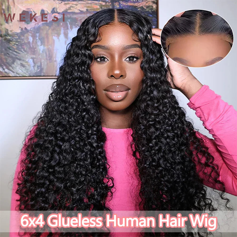 Glueless Wig Human Hair Ready To Wear Water Wave Human Hair Wigs 6x4 Transparent Lace Wigs 100% Brazilian Raw