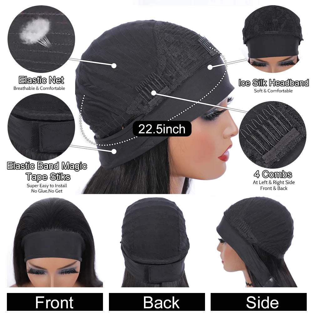 Headband Wig Human Hair Bone Straight Human Hair Wigs Peruvian Human Hair Wigs  Easy to Wear 180%