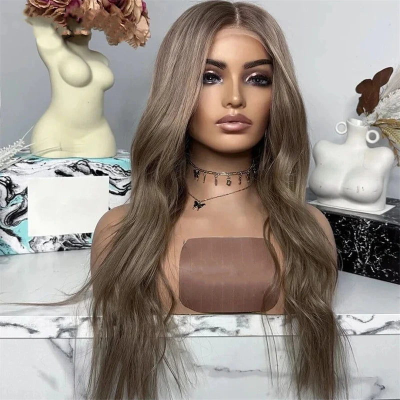 Ombre Brown Wig Long Straight Synthetic Lace Front Wig Glueless Brunette Hair Chocolate Brown