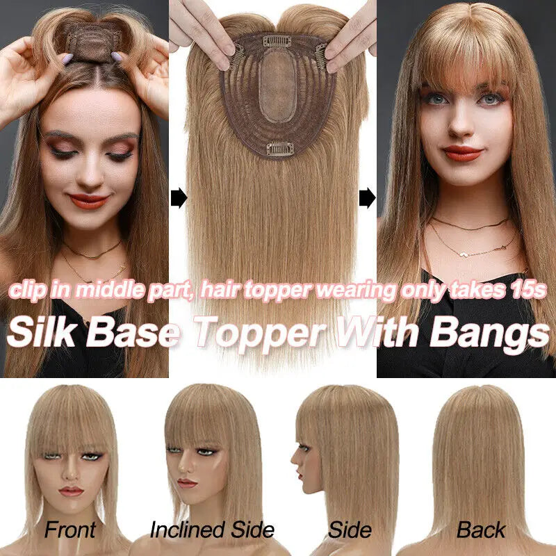 Women Toupee Silk Base Topper Clip In Real Human Hair Wigs Hairpiece With Bangs Straight Hair Toppers