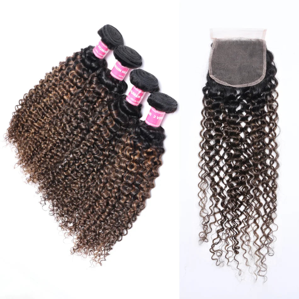 FB30 Brown Highlights 3/4 Pcs Jerry Curly Brazilian Human Hair Weave Bundles with Closure Remy Hair Extensions
