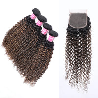 Thumbnail for FB30 Brown Highlights 3/4 Pcs Jerry Curly Brazilian Human Hair Weave Bundles with Closure Remy Hair Extensions