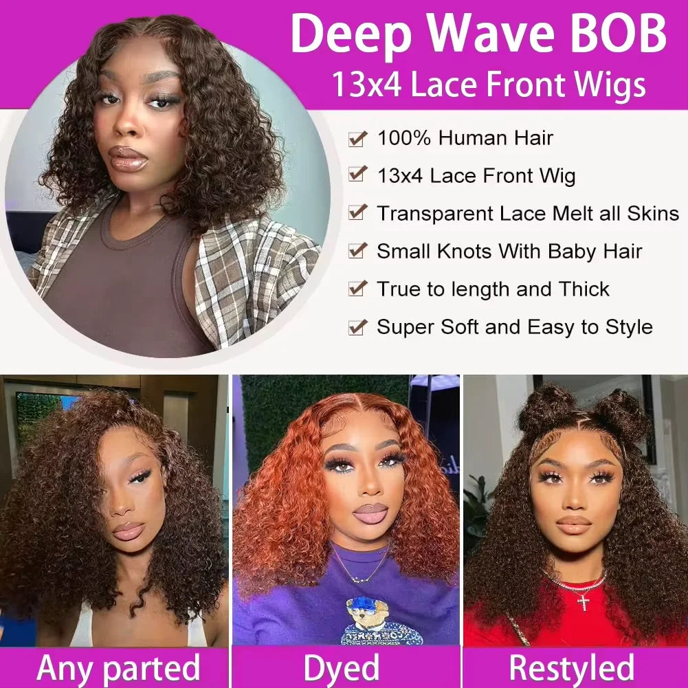 13x4 Short Bob Wigs 100% Human Hair Chocolate Brown Deep Wave Human Hair Wig #4 Brown Curly Frontal Wigs