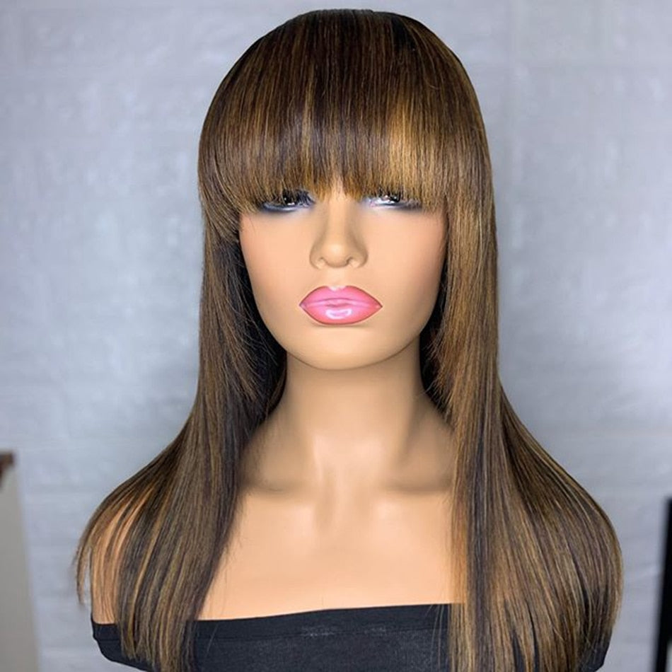Highlight Blonde Silky Straight Human Hair Wigs With Bangs