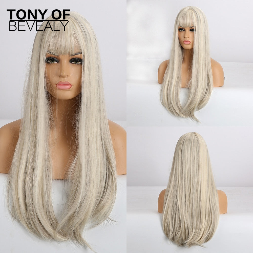 Straight Brown Ombre Natural Hair Wigs -Heat Resistant