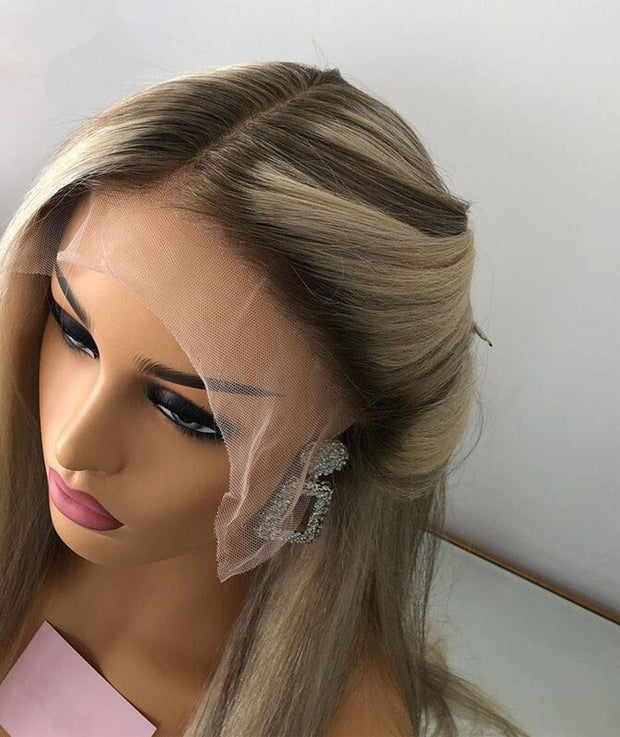 Silky Straight Lace Front Wig Grey Blonde  Human Hair Wig