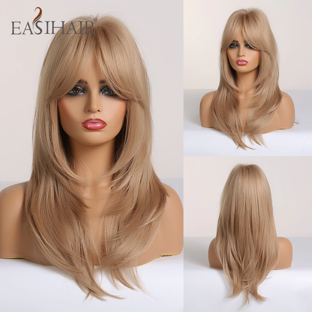Straight Wigs With Bangs Black to Brown Ombre Synthetic Wigs
