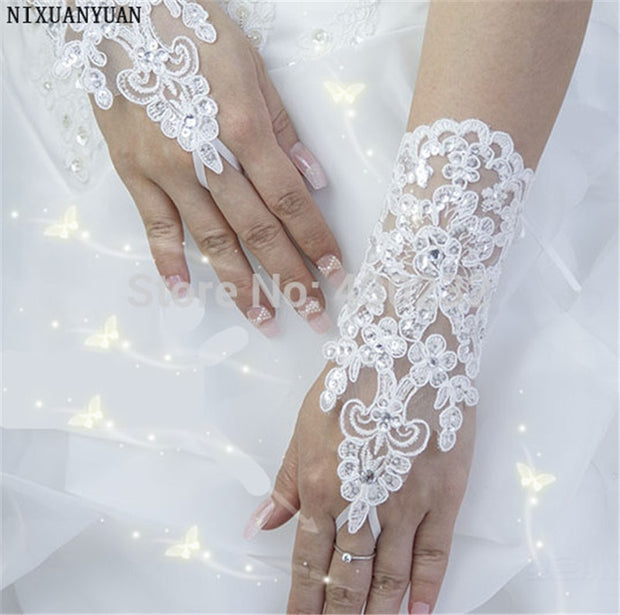 Elegant Beaded Lace Satin Short Bridal Gloves