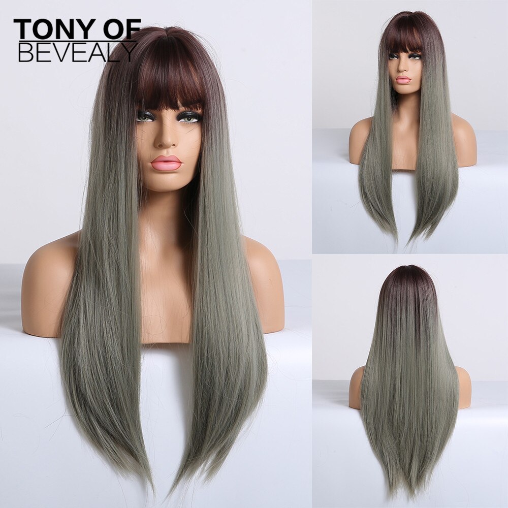 Straight Brown Ombre Natural Hair Wigs -Heat Resistant