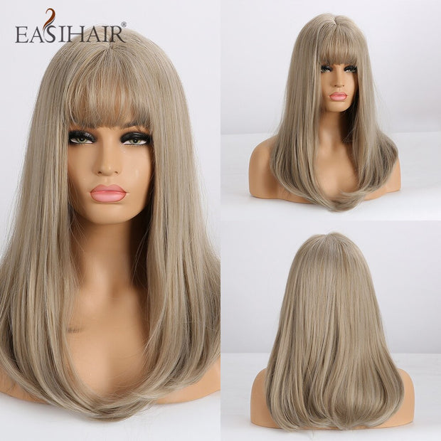 Straight Wigs With Bangs Black to Brown Ombre Synthetic Wigs