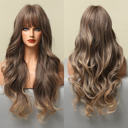 Brown Blonde Highlight Synthetic Wigs With Full Bangs