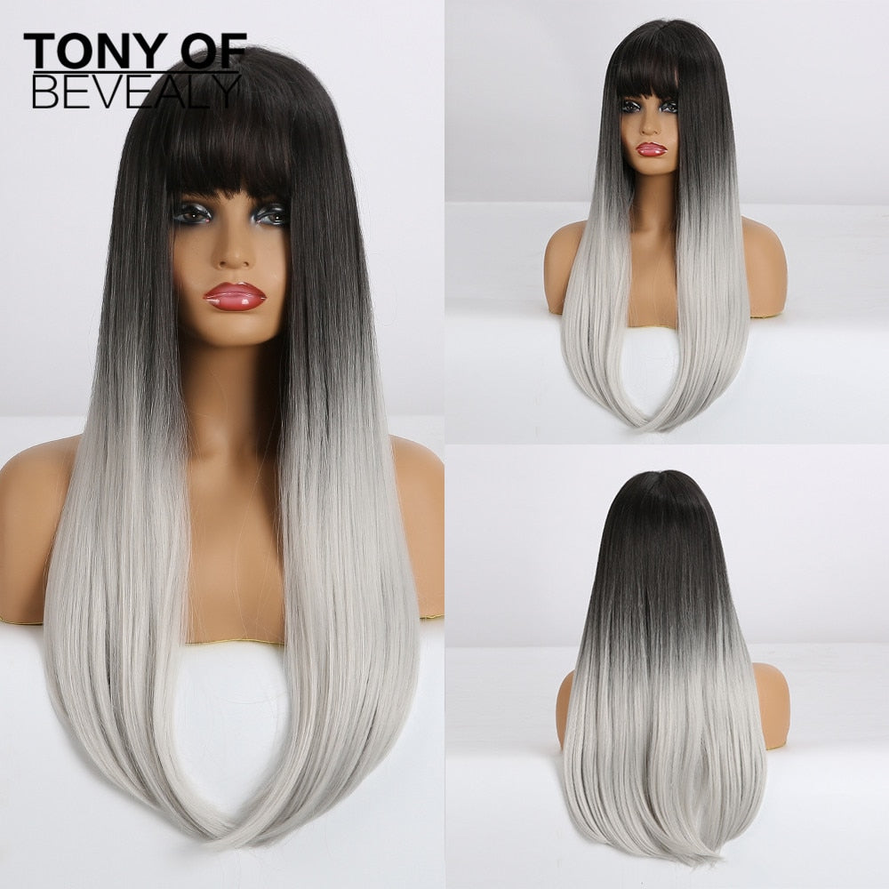 Straight Brown Ombre Natural Hair Wigs -Heat Resistant