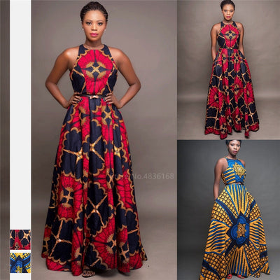 African Clothes Round Neck Dashiki Maxi Dress Sleeveless Plus Size