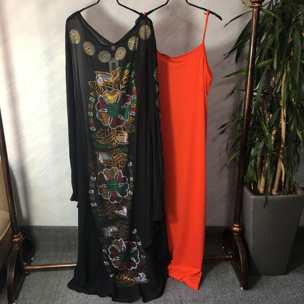 Dashiki Chiffon Material Dress With Orange Underlining Two Piece Set
