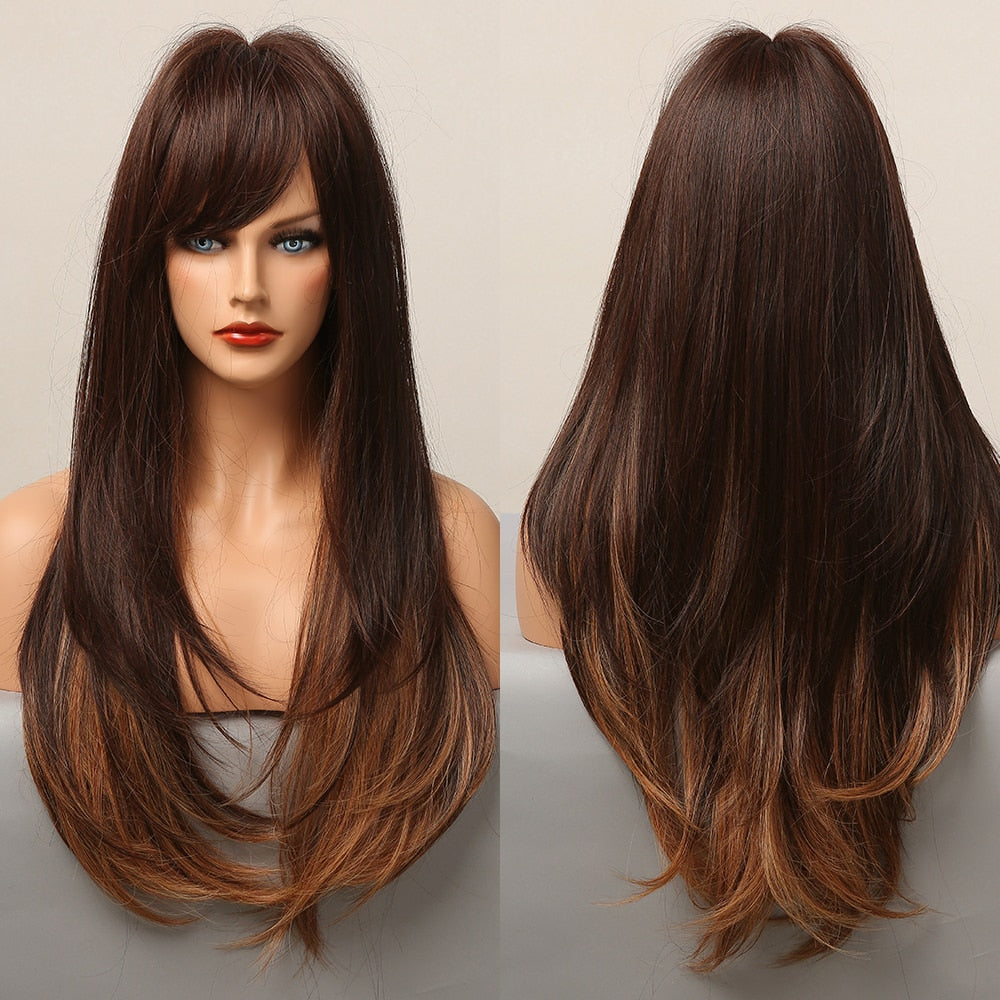 Ombre Brown Wigs With Full Bangs