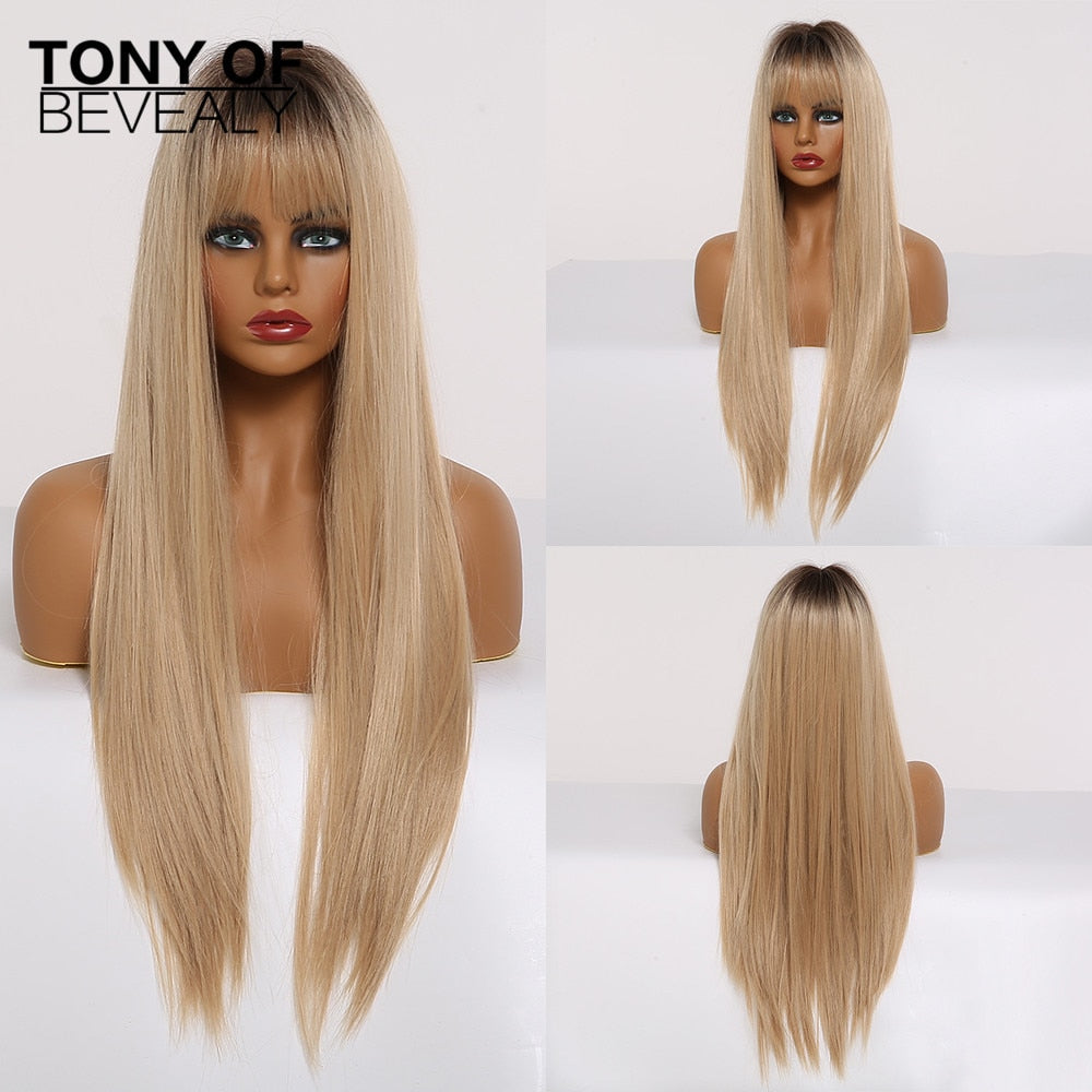 Straight Brown Ombre Natural Hair Wigs -Heat Resistant