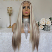 Long Straight Synthetic Wig Mixed Brown and Blonde Colored Lace Front Wigs