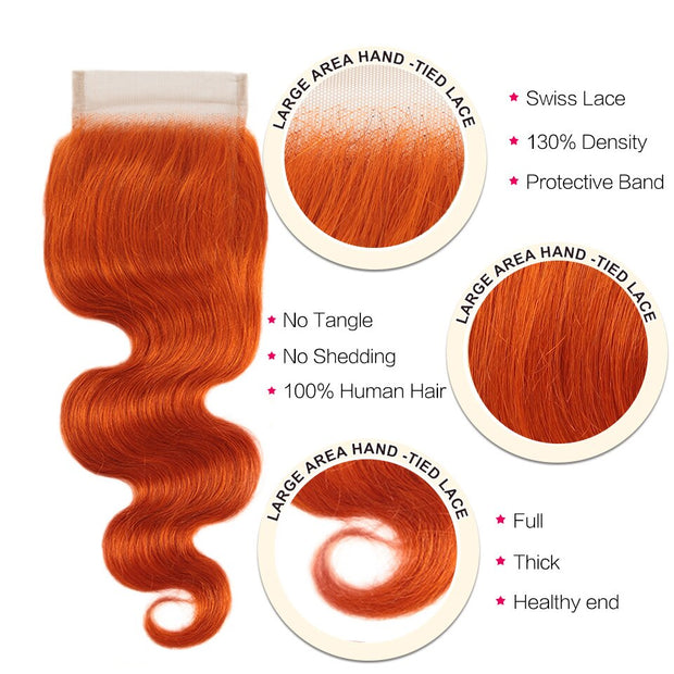 Orange Bundles With Closure Malaysian Body Wave Hair