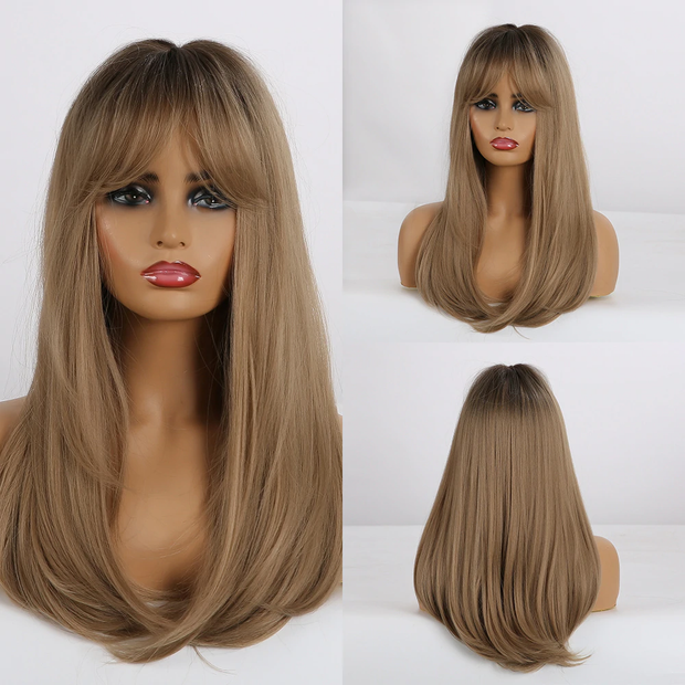 Straight Wigs With Bangs Black to Brown Ombre Synthetic Wigs