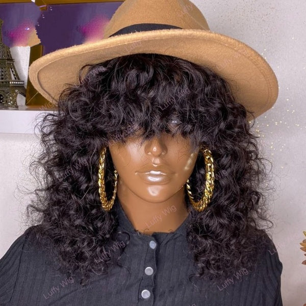 Curly Human Hair Wig With Bangs Brazilian Remy Hair