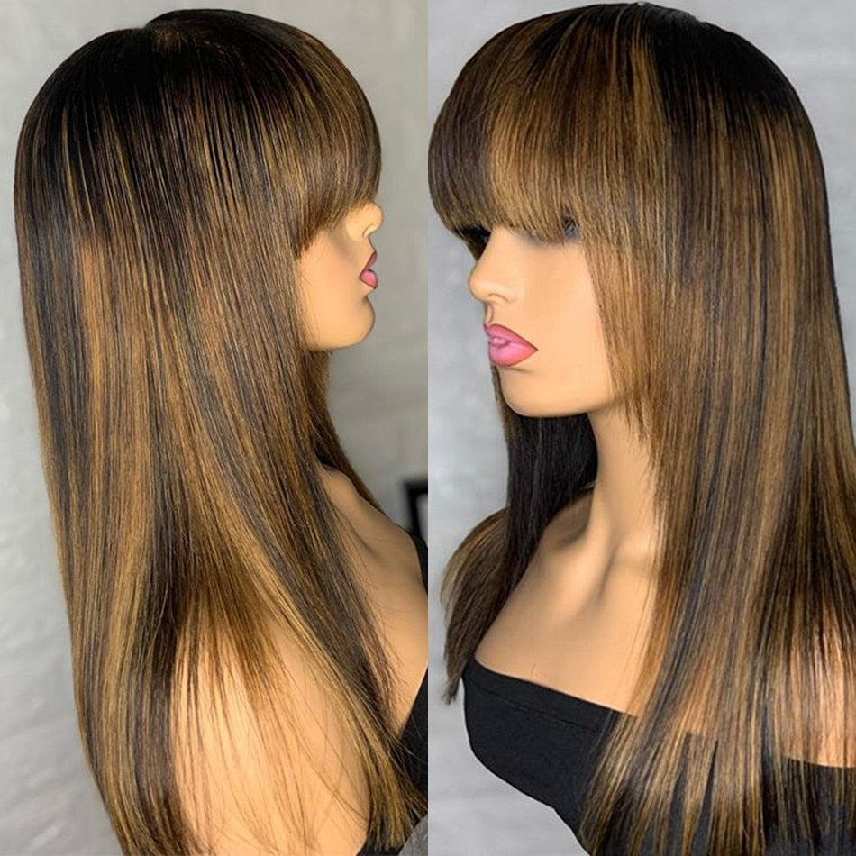Highlight Blonde Silky Straight Human Hair Wigs With Bangs