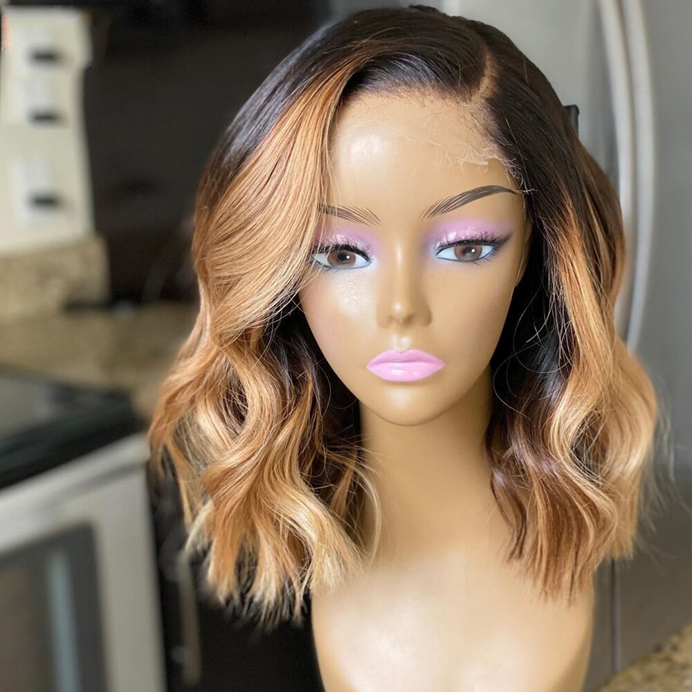 13*4 Lace Front Human Hair Wigs Ombre Blonde Highlight Wavy BOB 150%