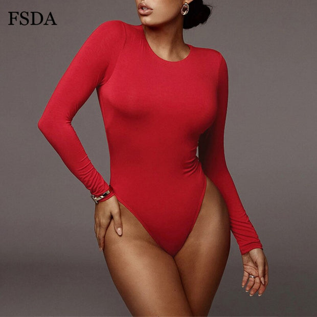 Neck Long Sleeve Solid White Sexy Bodysuit