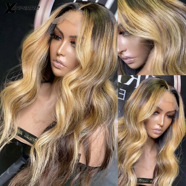 Pre Plucked Honey Blonde Brown Highlight Malaysian Remy 5*5 Silk Top Lace Wig