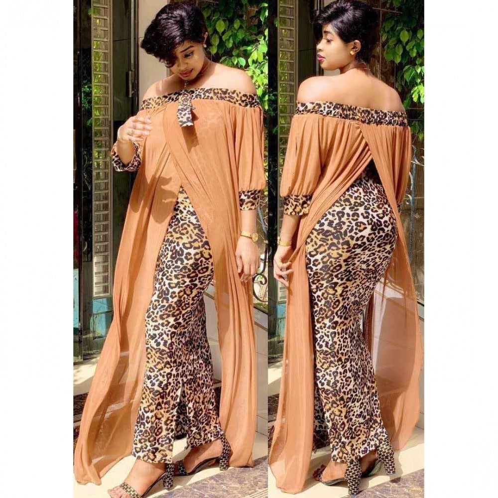 Maxi Dress Women's Leopard Slash Neck Off the Shoulder Backless