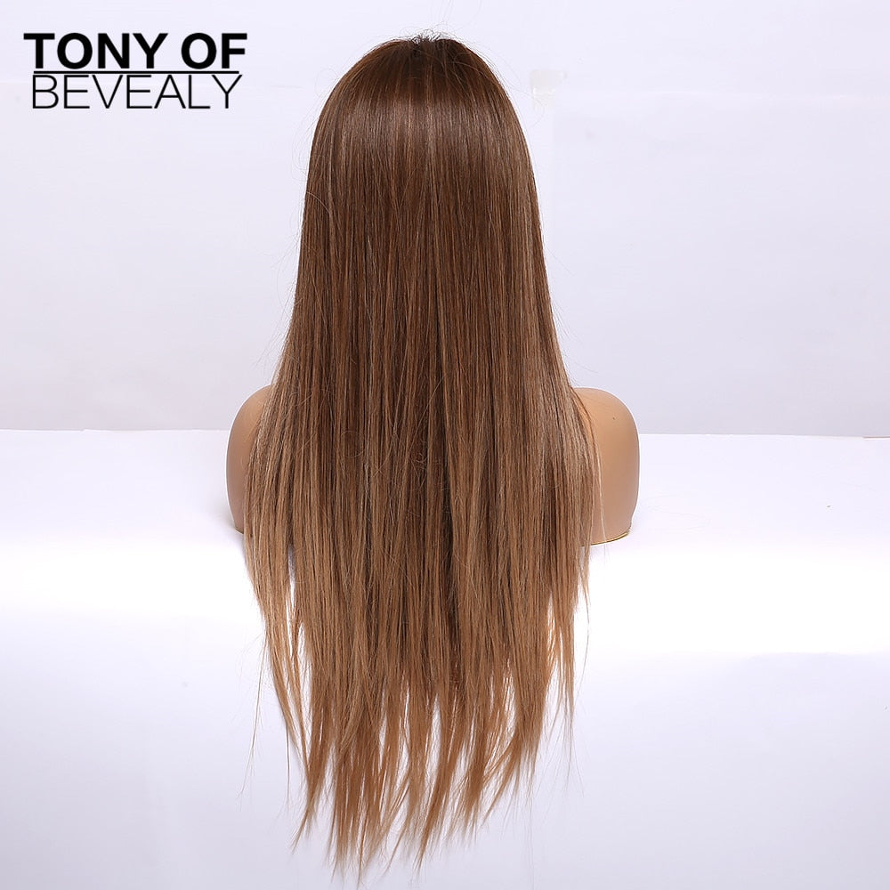Straight Brown Ombre Natural Hair Wigs -Heat Resistant