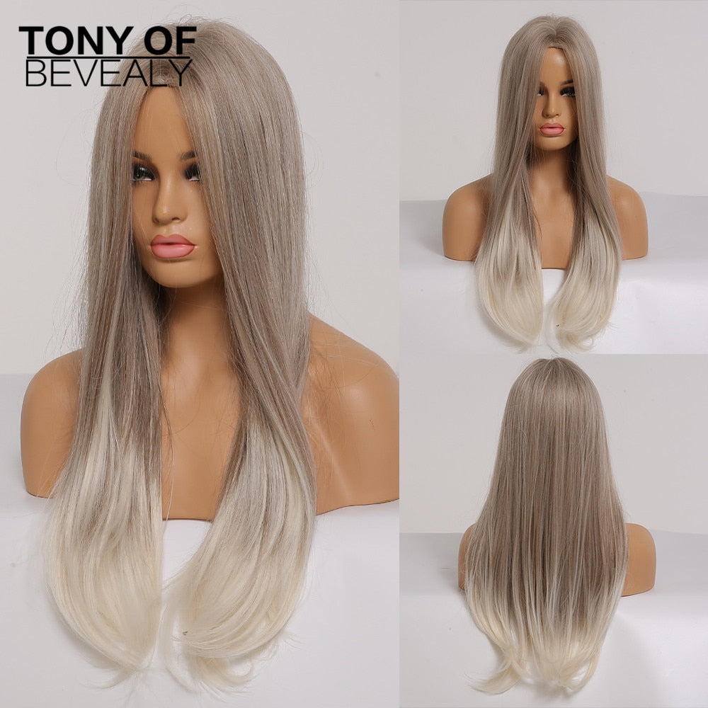 Straight Brown Ombre Natural Hair Wigs -Heat Resistant