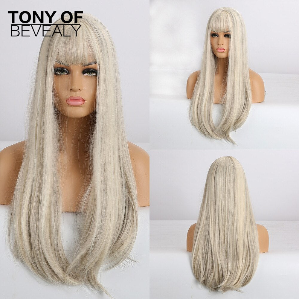 Straight Brown Ombre Natural Hair Wigs -Heat Resistant