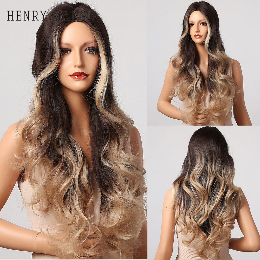Ombre Brown Blonde Wig Long Wavy Middle Part