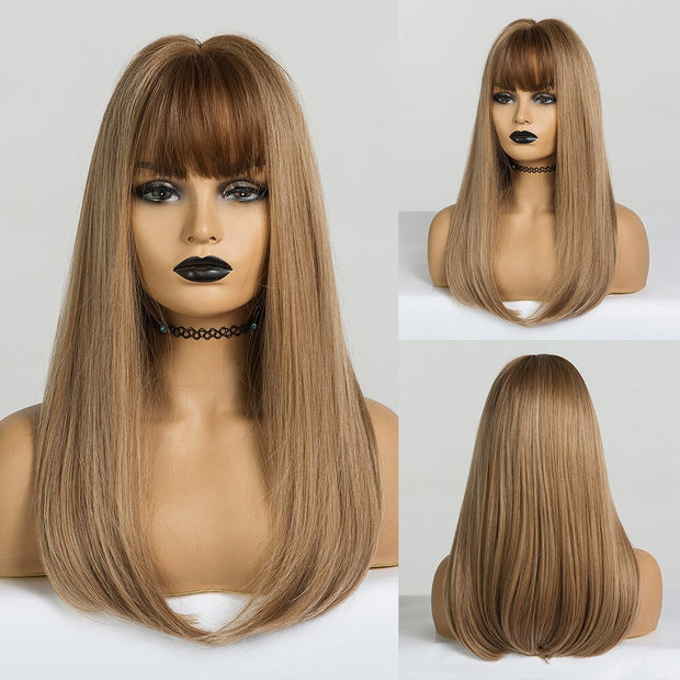Straight Wigs With Bangs Black to Brown Ombre Synthetic Wigs