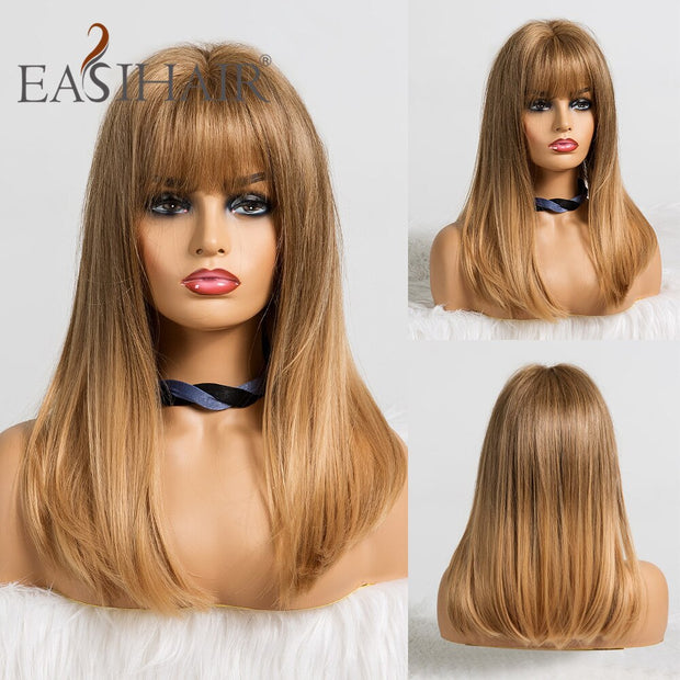 Straight Wigs With Bangs Black to Brown Ombre Synthetic Wigs