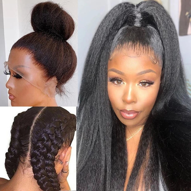 Glueless Yaki Straight  Lace Front Wigs- Natural Color