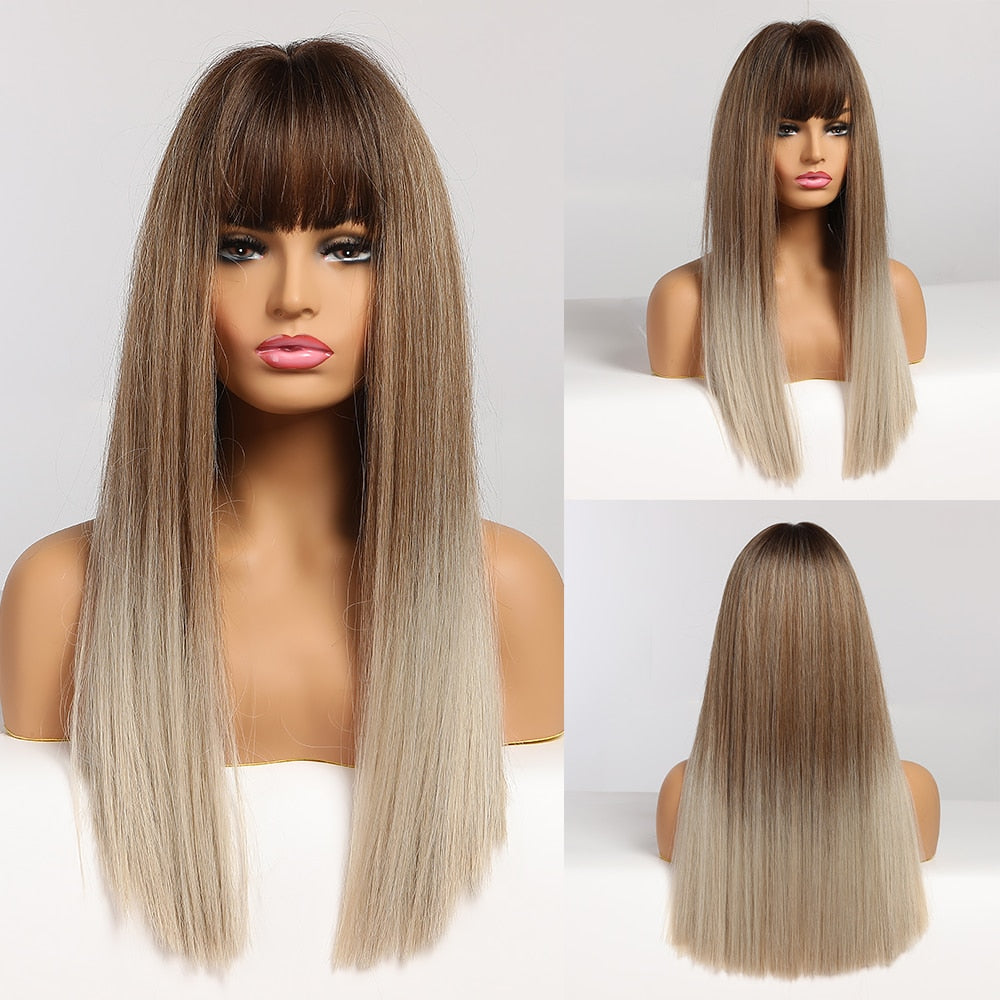 Straight Brown Ombre Natural Hair Wigs -Heat Resistant