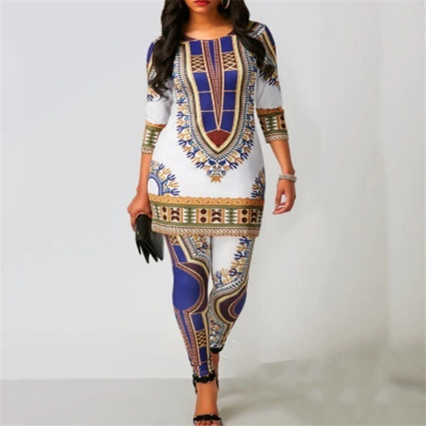 Top Pants Suit Dashiki Print Ladies Clothes Robe