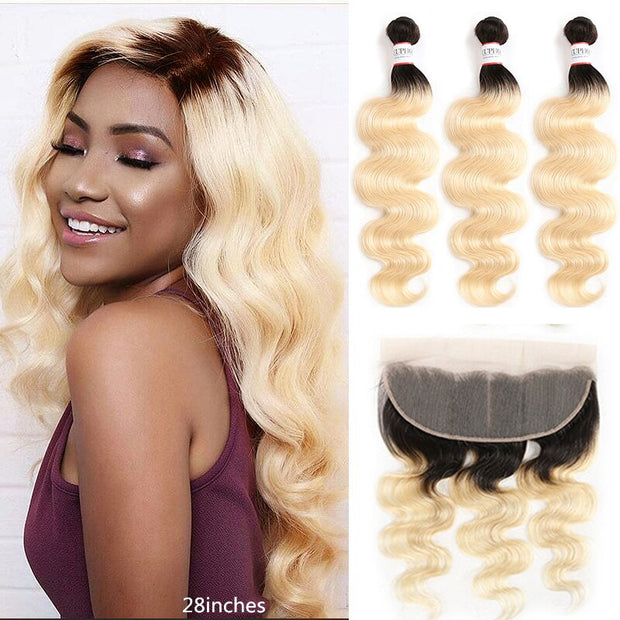Ombre Blonde Straight Bundles With Frontal