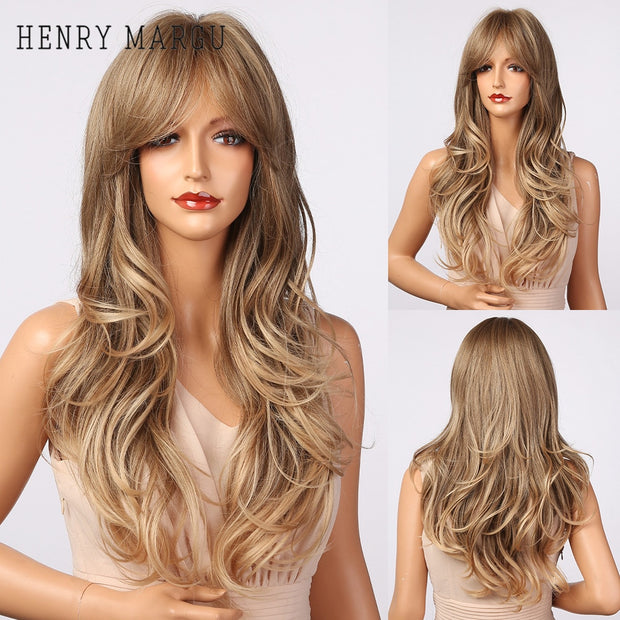 Long Wavy Dark Brown Synthetic Wigs With Bangs