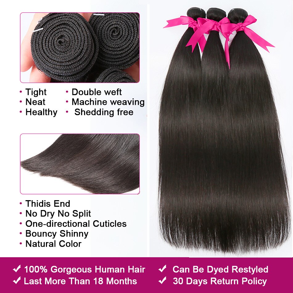 Brazilian Hair Weave Bundles Straight 100% Human Hair 28 30 32 Inch