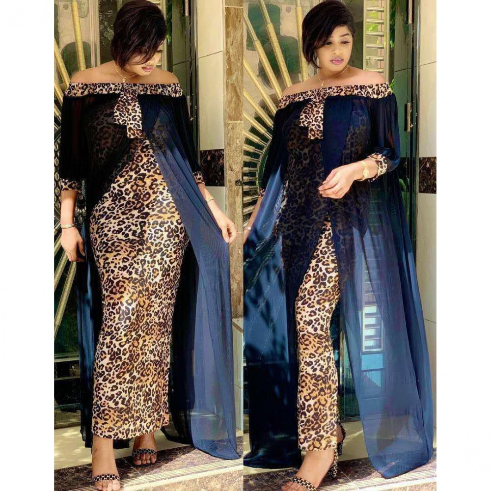 Maxi Dress Women's Leopard Slash Neck Off the Shoulder Backless
