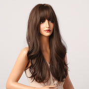 Long Wavy Dark Brown Synthetic Wigs With Bangs