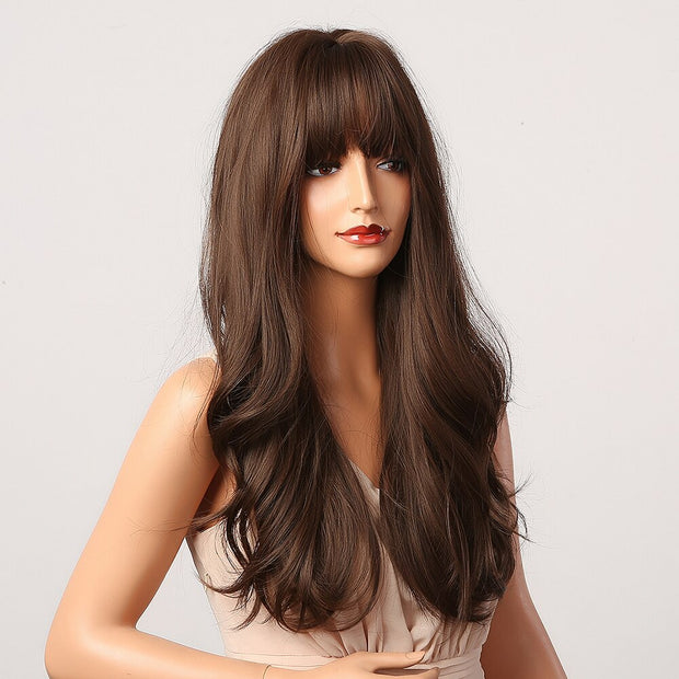 Long Wavy Dark Brown Synthetic Wigs With Bangs
