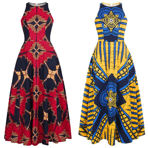 African Clothes Round Neck Dashiki Maxi Dress Sleeveless Plus Size