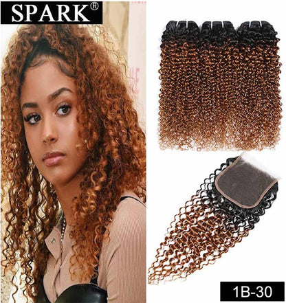 Ombre Mongolian Afro Kinky Curly Hair Bundles With Closure