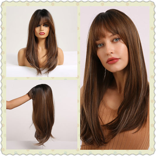 Straight Wigs With Bangs Black to Brown Ombre Synthetic Wigs